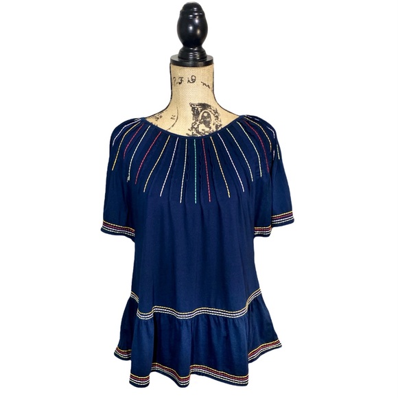 Maeve Anthropologie Chamonix Rainbow Embroidered Swing Top Size Extra Small Blue - Picture 5 of 16